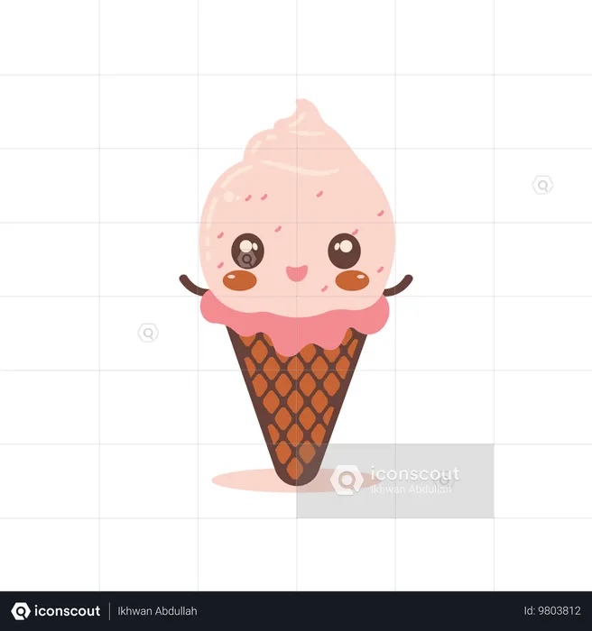 Cute Pink Strawberry Cone Ice Cream  Illustration