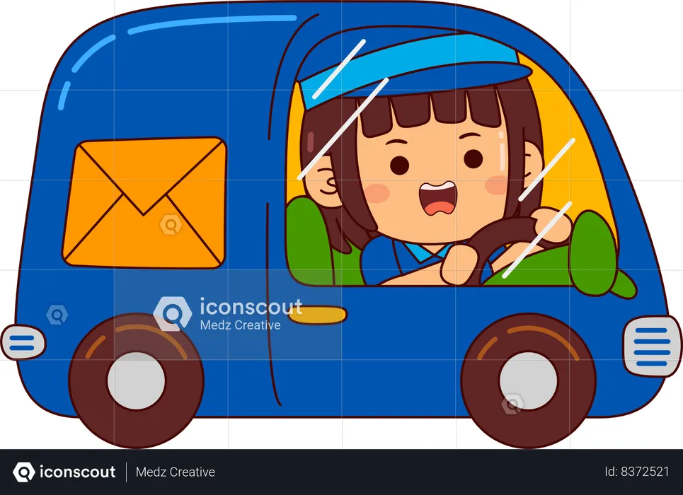 Cute postman girl riding post car  Illustration