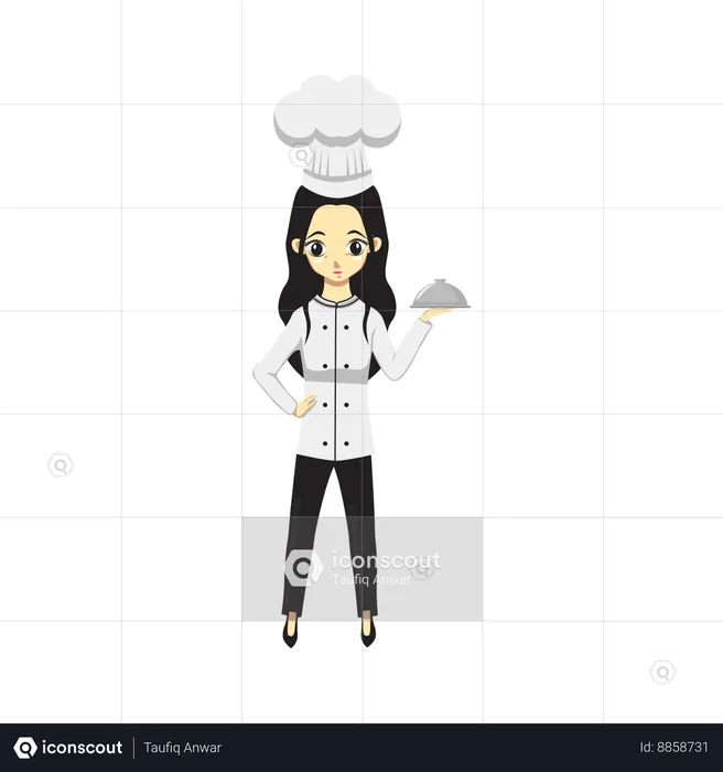 Cute Professional Girl Chef holding dish  Illustration