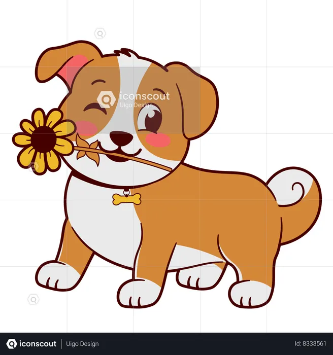 Cute Puppy With Sunflower  Illustration