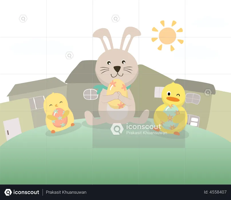 Cute Rabbit and chick holding easter eggs  Illustration