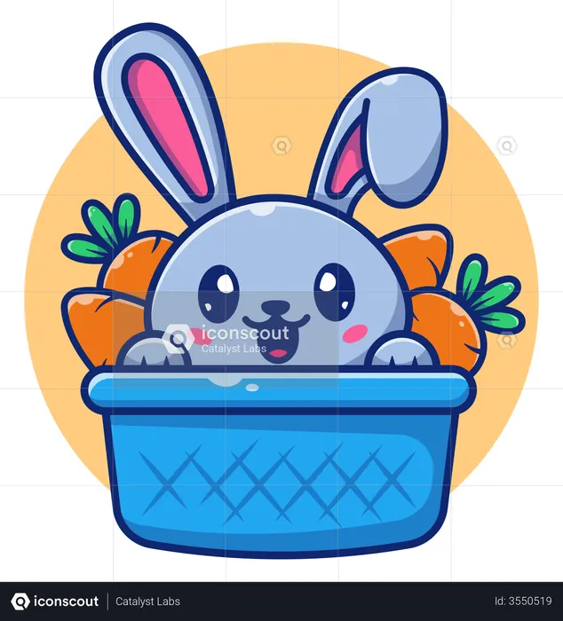 Cute rabbit sitting in carrot basket  Illustration