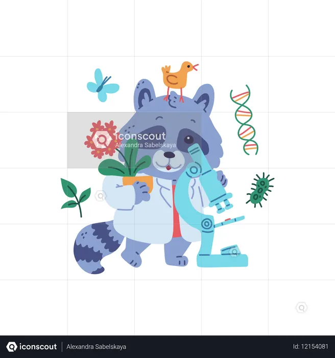 Cute racoon scientist with microscope  Illustration
