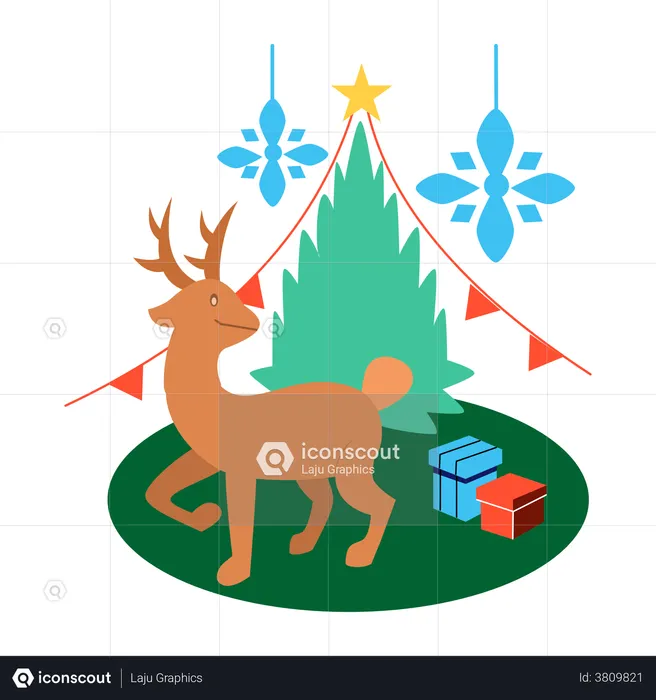 Cute reindeer with decorated Christmas tree  Illustration