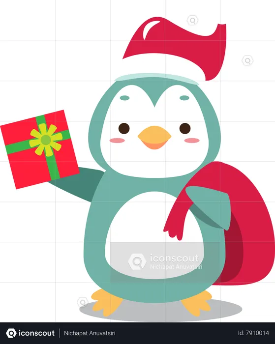 Cute Santa penguin with sack giving Christmas gift  Illustration