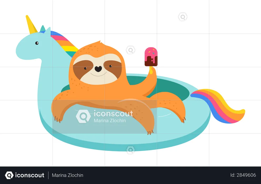 Cute sloth on unicorn swimming pool float  Illustration