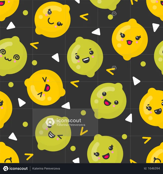 Cute smiling lemon and lime fruits, vector seamless pattern on dark background  Illustration