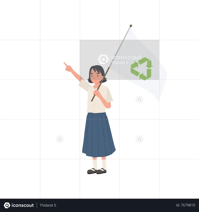 Cute Smiling Thai student girl Holding Flag with recycle symbol  Illustration