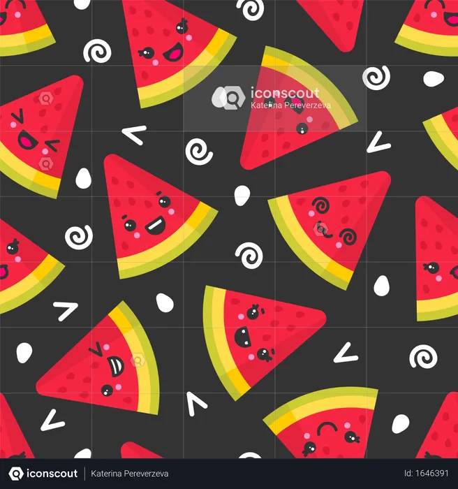 Cute smiling watermelon, vector seamless pattern on dark background  Illustration