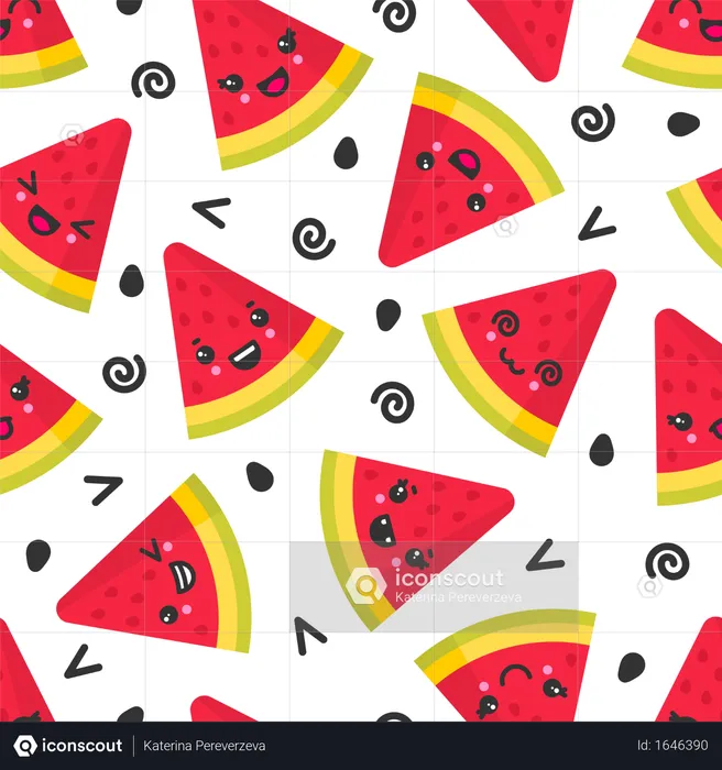 Cute smiling watermelon, vector seamless pattern on white background  Illustration