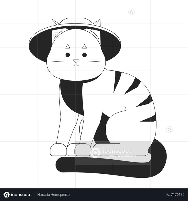 Cute tabby cat wearing summer hat  Illustration