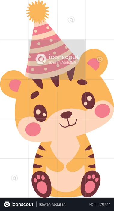 Cute tiger wearing birthday hat  Illustration