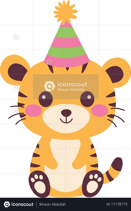 Cute tiger wearing birthday hat  Illustration