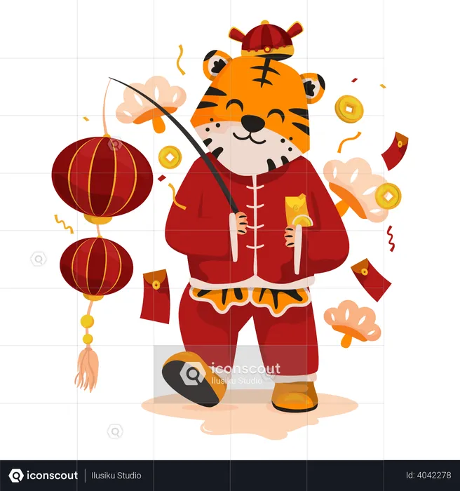Cute tiger with Chinese lantern  Illustration