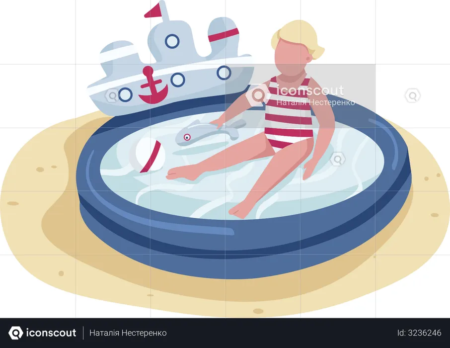 Cute toddler playing with toys in inflatable pool  Illustration