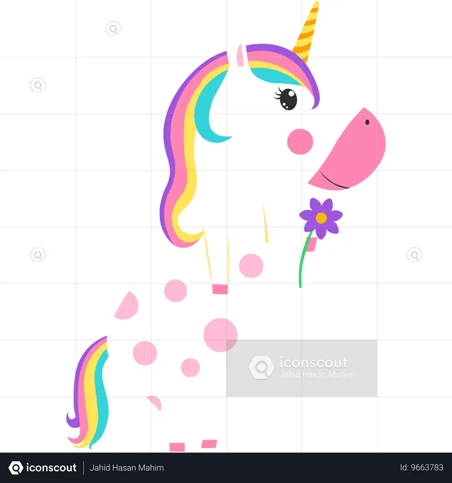 Cute unicorn standing on two legs with flower  Illustration