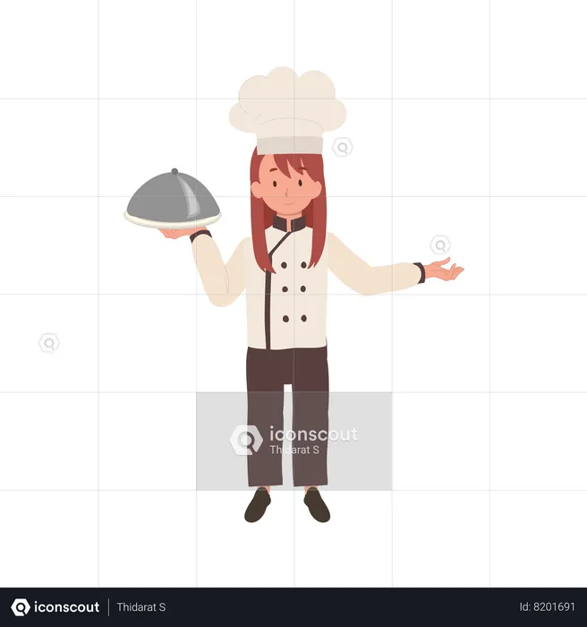 Cute Young Chef in Chef's Uniform Serving a Gourmet Meal with Welcome Sign  Illustration