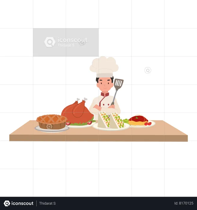 Cute young confident chef surrounded by gourmet dishes  Illustration