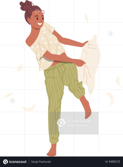 Cute young female struggling with cozy soft pillow fooling around at home  Illustration