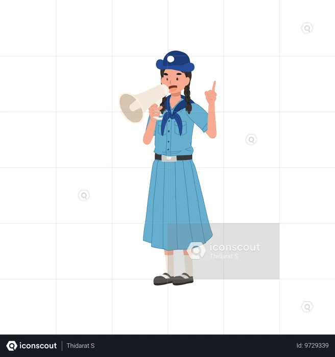 Cute Young Thai girl scout in uniform using megaphone, embodying leadership and communication skills  Illustration