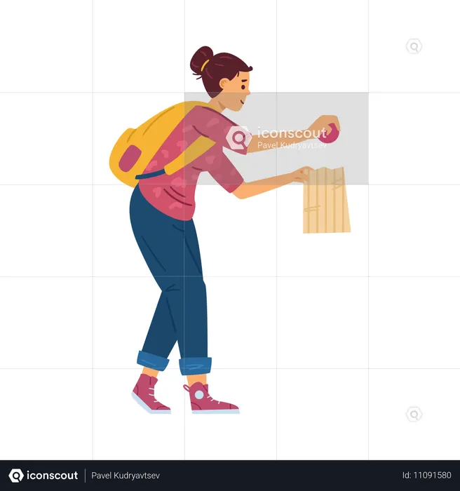 Cute young woman with package choosing fruits or vegetables at supermarket  Illustration