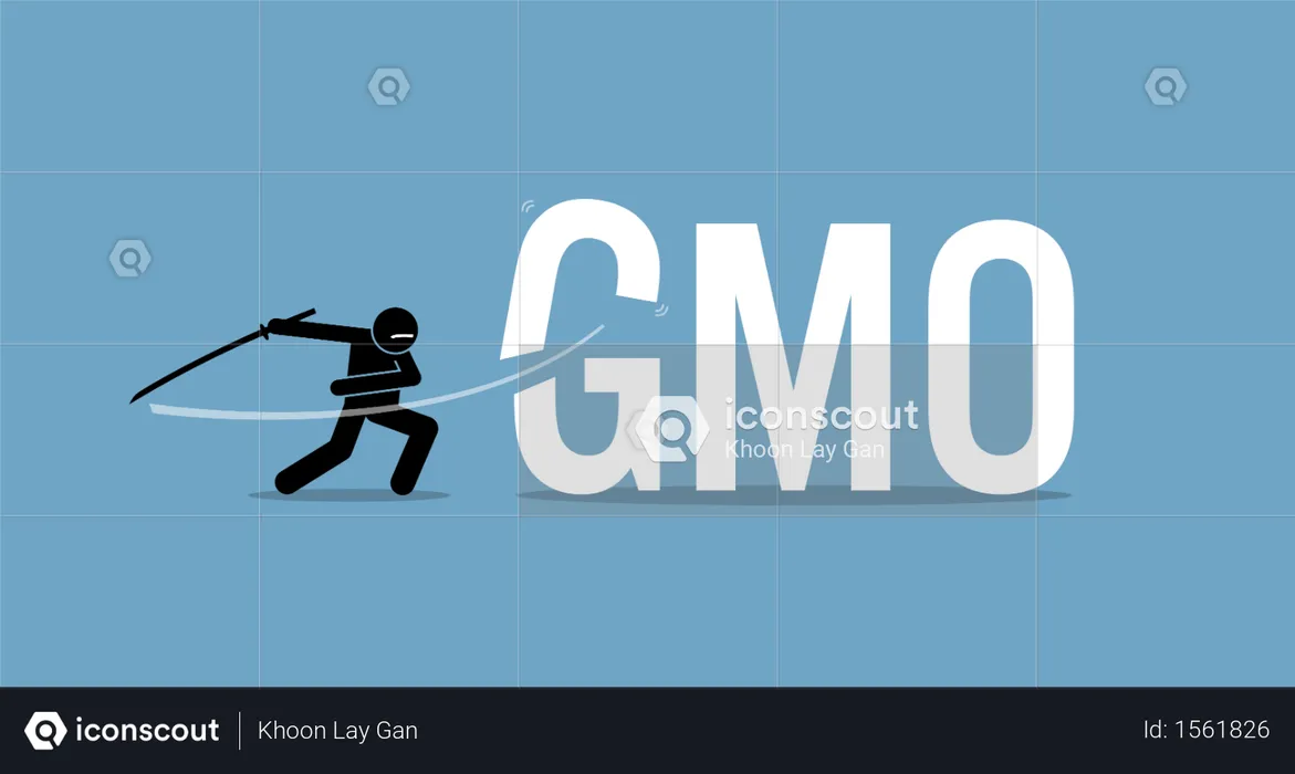 Cutting GMO food for healthy diet. Vector artwork concept of healthy lifestyle, eating organic, and stop eating genetically modified organism food.  Illustration