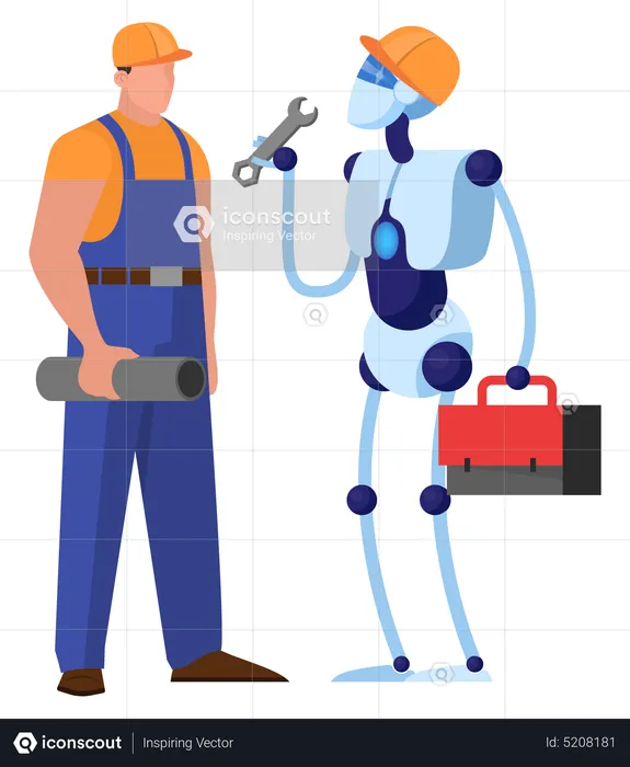 Cyborg arbeitet mit Mensch  Illustration