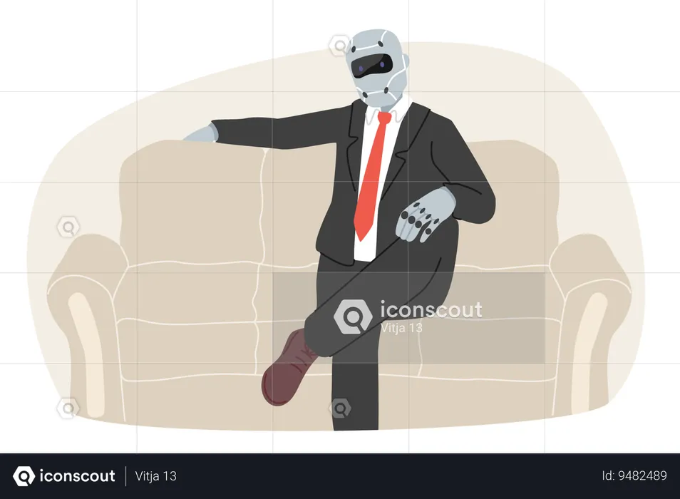 Cyborg dressed as businessman sits on sofa for concept of replacing company management with robots  Illustration