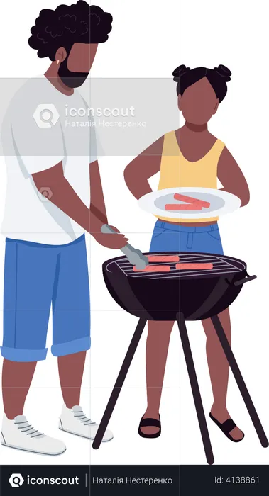 Dad and daughter at barbeque  Illustration