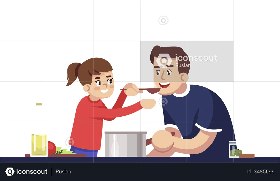 Dad And Daughter Degustating Meal  Illustration