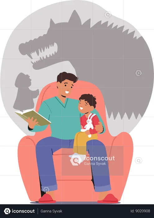 Dad And Kid reading Fairy Tale Book  Illustration