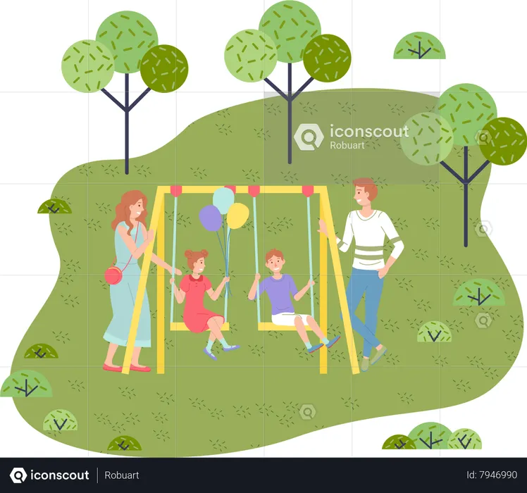 Dad and mom ride children on a swing  Illustration
