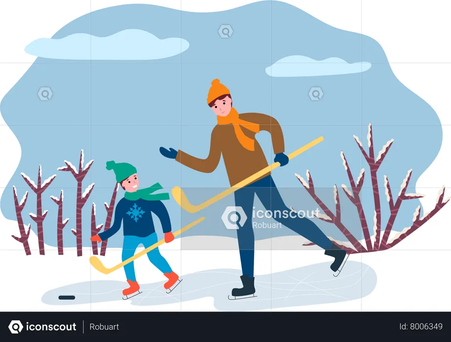 Dad and Son Playing Hockey  Illustration