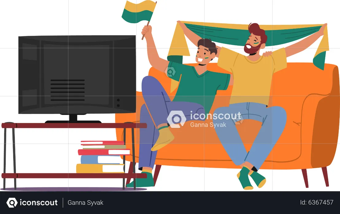 Dad and son spend time together watching football on tv  Illustration