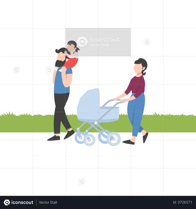 Dad carrying daughter on shoulders while walking at park  Illustration