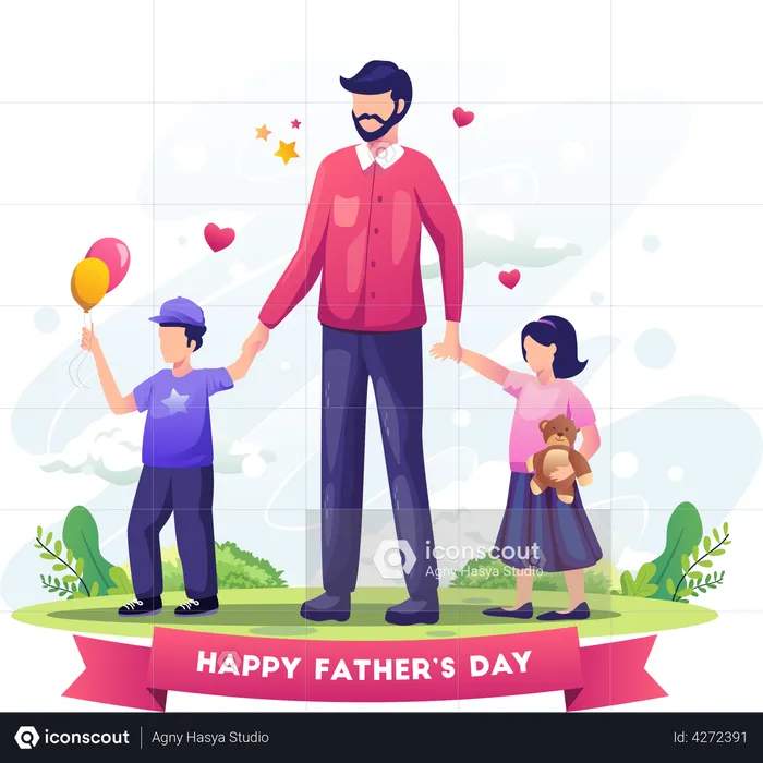 Dad celebrates father's day by taking his kids for a walk  Illustration