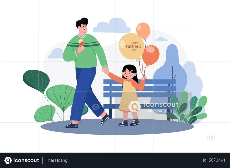 Dad celebrates father's day by taking his kids for a walk  Illustration