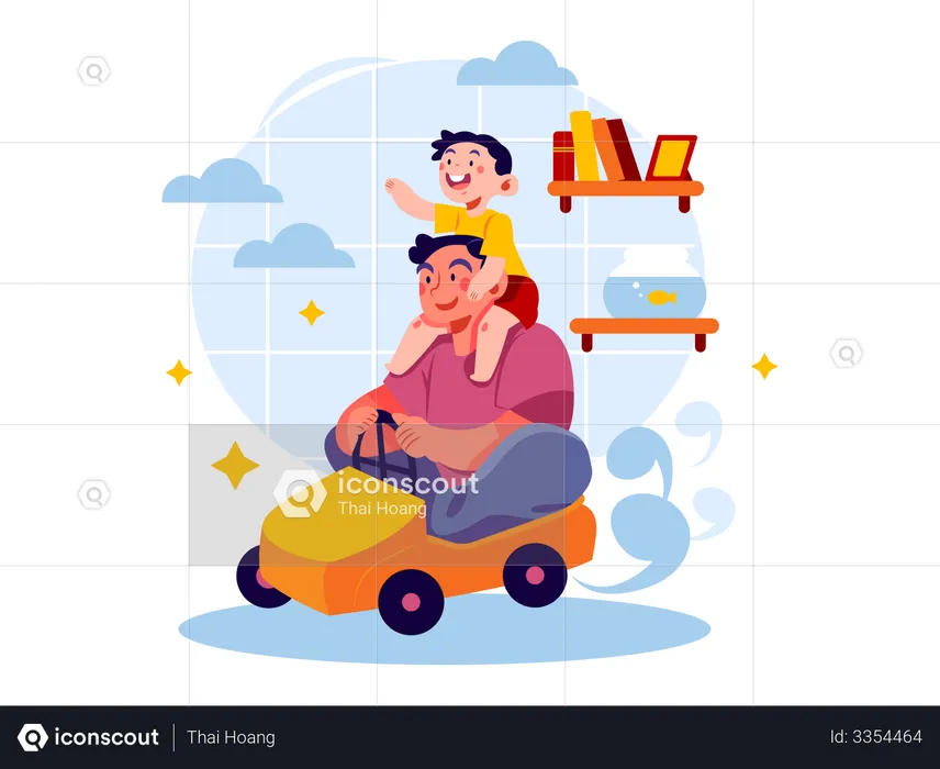 Dad driving toy car with son  Illustration