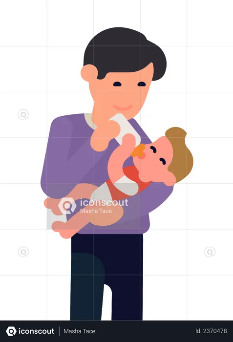 Dad Feeding Milk to baby from bottle  Illustration