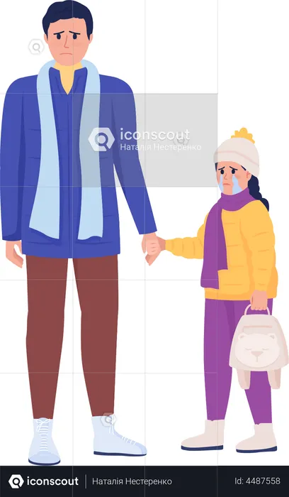 Dad holding weeping daughter hand  Illustration