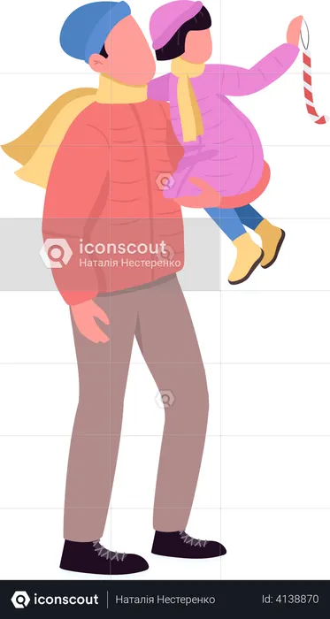 Dad in outerwear holding daughter  Illustration