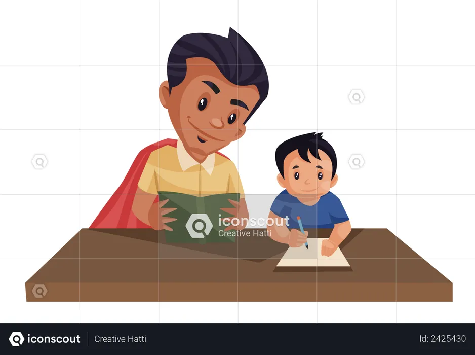 Dad is helping his kid in the homework  Illustration