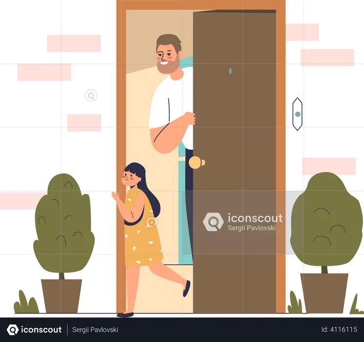 Dad standing at open front door at home  Illustration