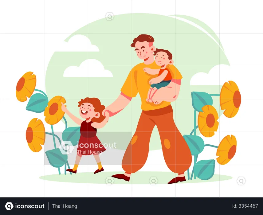 Dad Walking with children  Illustration
