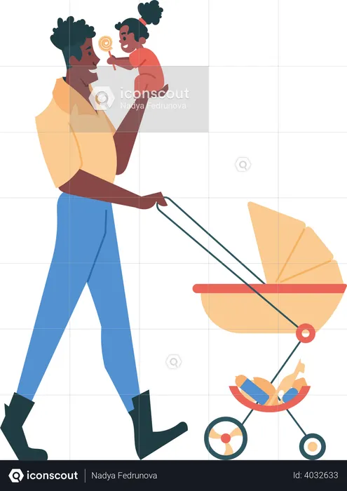 Dad with little daughter and stroller for walk  Illustration