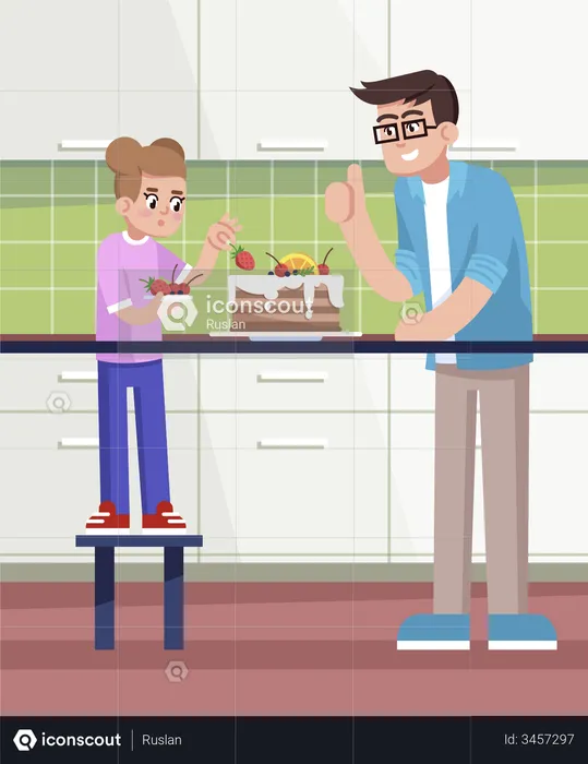 Daddy and daughter decorating pie  Illustration