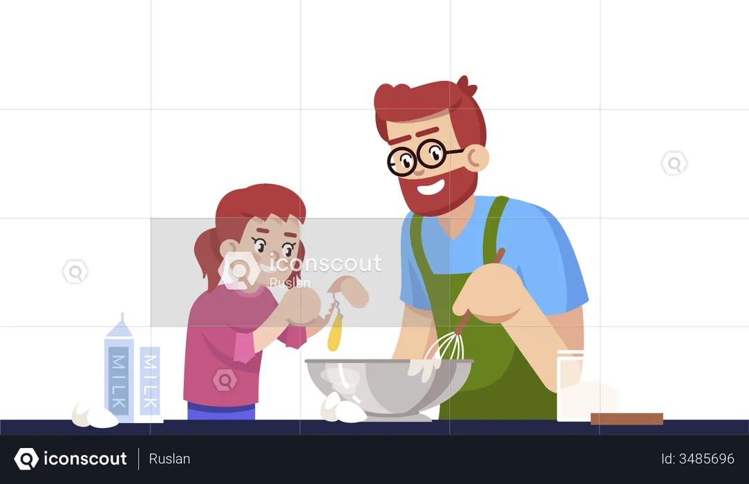 Daddy And Daughter Making Pastry  Illustration