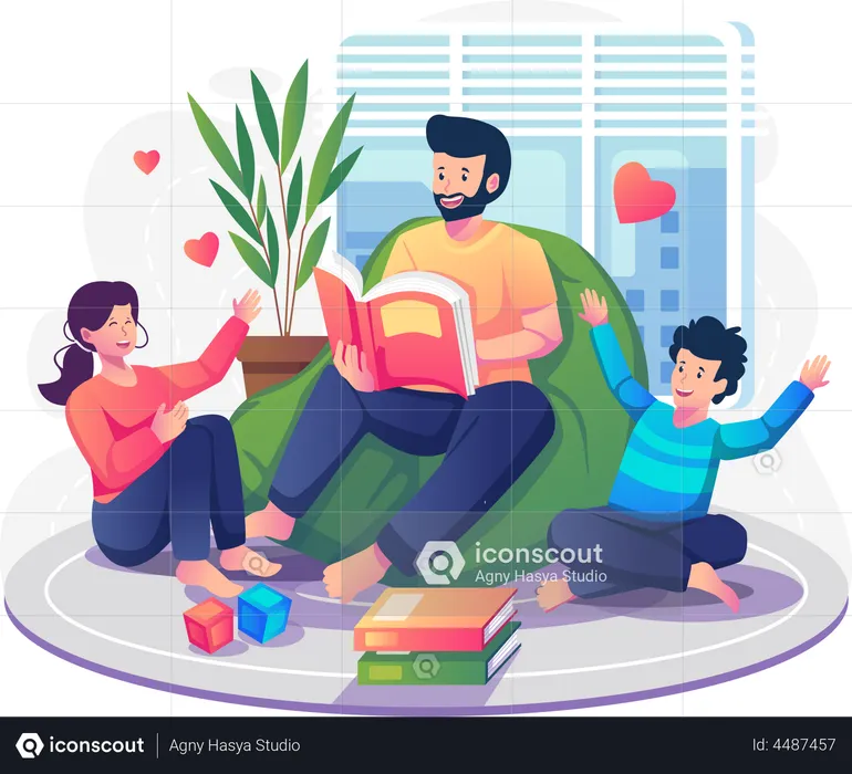 Daddy and kids sitting together with storybooks  Illustration