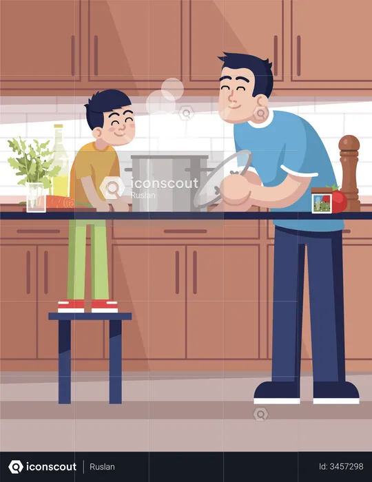Daddy and son inhaling meal aroma  Illustration