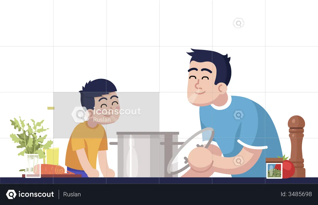 Daddy And Son Inhaling Meal Aroma  Illustration
